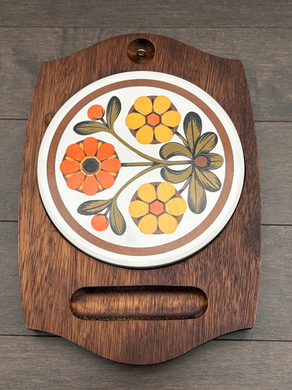 Vintage 1970’s Cheese Board, Wooden Serving Plate Tray Floral Ceramic MCM Accent